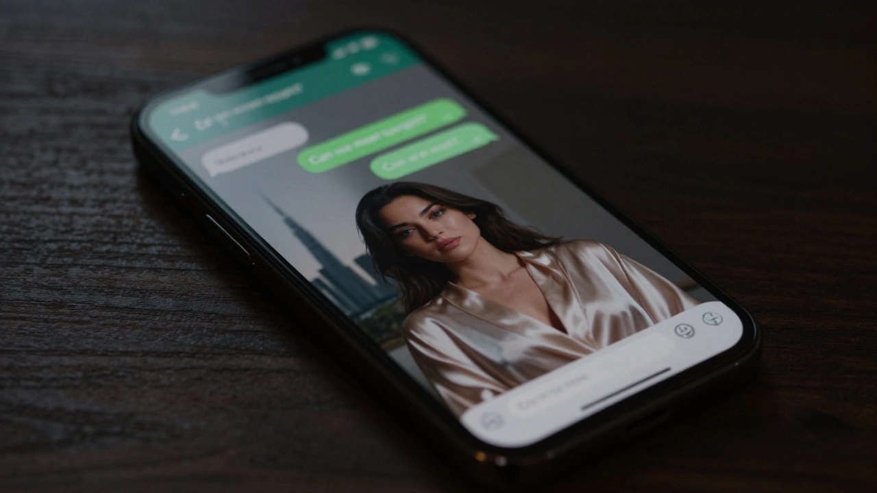 A smartphone showing a private WhatsApp chat with vague messages, reflecting a Dubai skyline, in dim lighting.