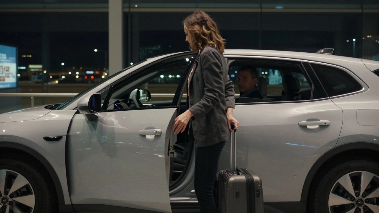 A woman exits a clean, unmarked car at Bordeaux Airport at night, greeted by a discreet driver in a professional demeanor.