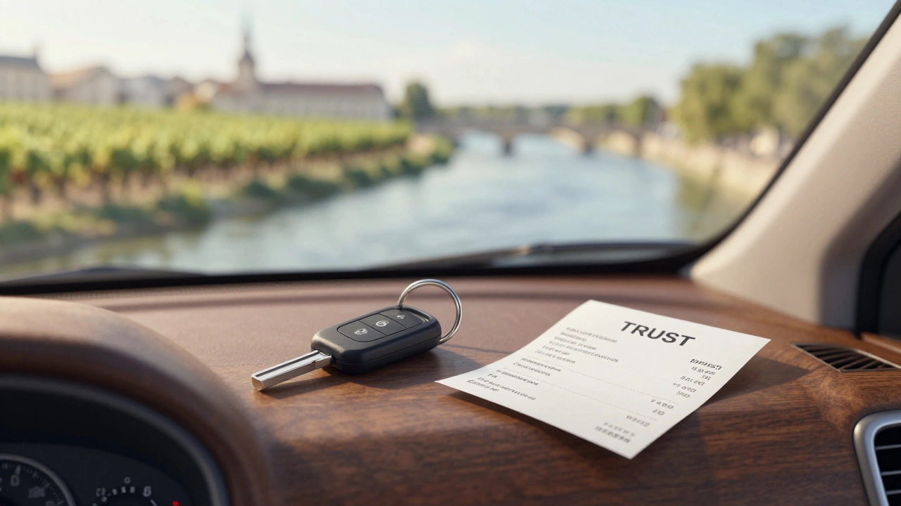 Car keys and a digital receipt on a dashboard, with blurred vineyards and river in the background, symbolizing safe, respectful transit.